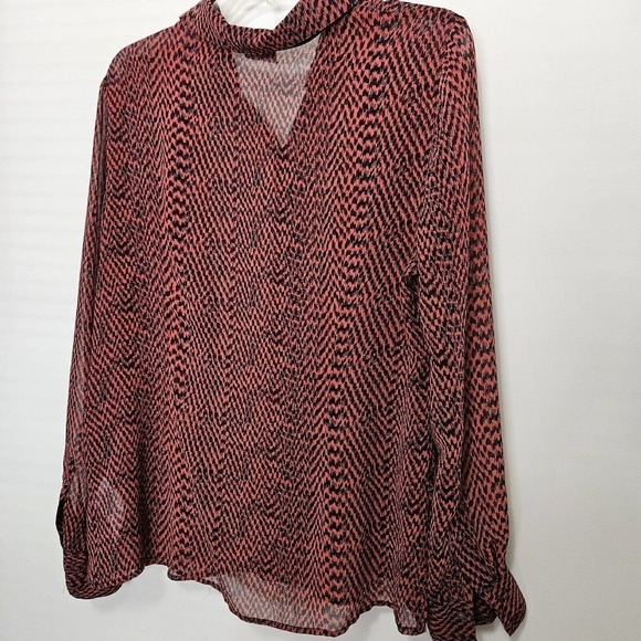 DKNY Blouse Top Womens *L* Black Gray Semi Sheer Draped Layered Tie Button Up - Picture 1 of 10